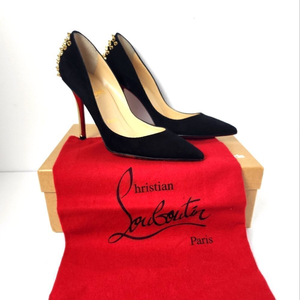 Christian Louboutin Zappa 100 Suede Specchio Heels Spike Black Gold Size 36
